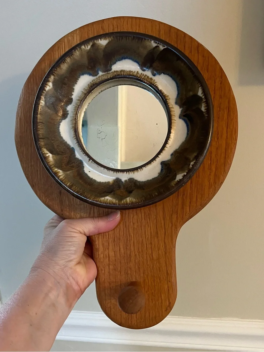 Vintage Evangel Art Pottery Mirror Wall Hanger Wood with Hook